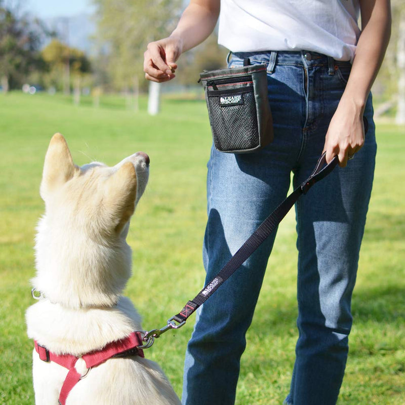 [Australia] - Leashboss Dog Treat Pouch for Training with Poop Bag Dispenser, Waist Attachment or Belt Loop Grey/Red/Black Standard 