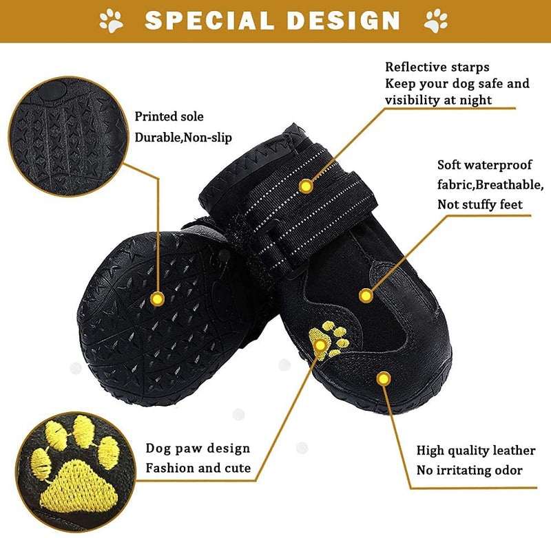 HuaTek Dog Shoes, Dog Boots, Waterproof Dog Boots, Dog Outdoor Shoes for Medium to Large Dogs with Two Reflective Fastening Straps and Rugged Anti-Slip Sole (Black 4PCS). Size 6: (2.95"x2.52")(L*W) for 52-65 lbs Black - PawsPlanet Australia