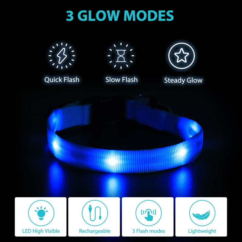 PcEoTllar Dog Collar Luminous for Small Dogs LED Collar Dogs USB Rechargeable Light Collar Luminous Collar Puppy Safety for Night with 3 Light Modes, Blue XS (25-32cm, 1.5cm) - PawsPlanet Australia