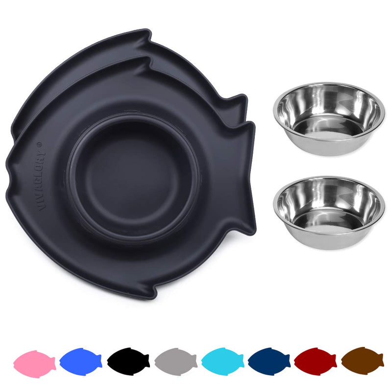 [Australia] - Vivaglory Puppy Bowls, 2 Pack Small Stainless Steel Dog Bowl for Food and Water with Spill Proof Pet Feeding Mat 6.5 oz x 2(Fish) Black 