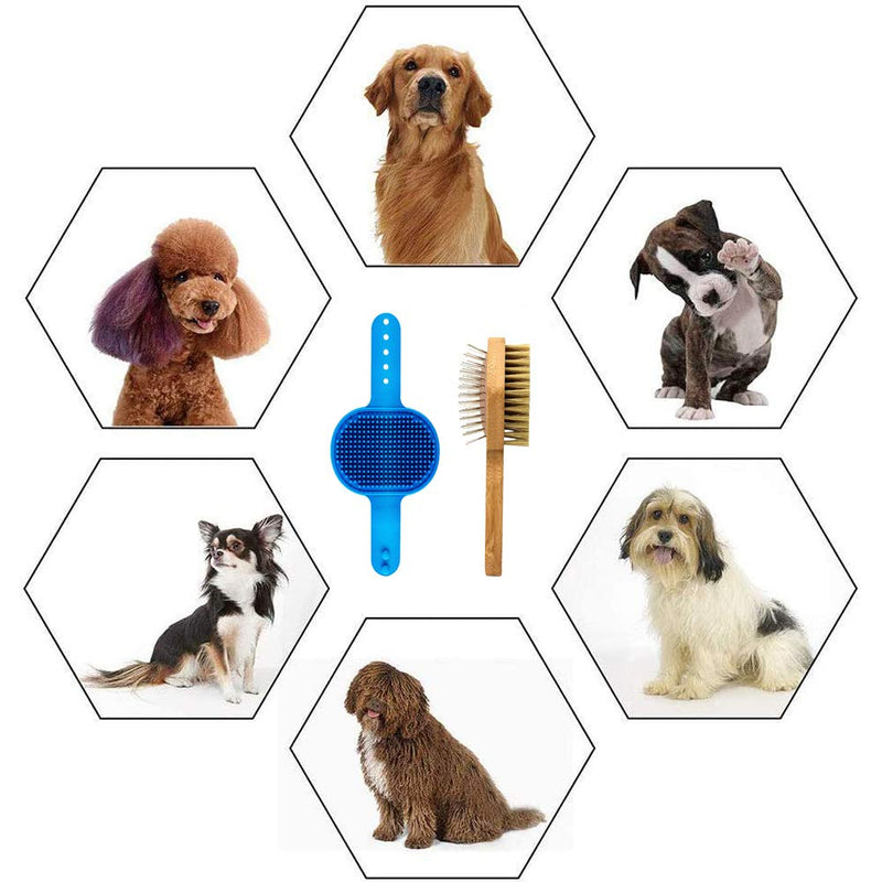 YGHH 2 Pieces Dogs Comb and Brush, Grooming Brush for Dog & Cat, Dog Shampoo Brush, Pet Double Sided Comb, Double Hexagon Bamboo TPR Pet Bath Massage Brush for Dogs, Cats with Short or Long Hair - PawsPlanet Australia