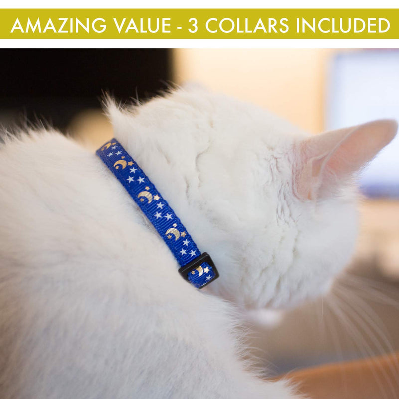 Upgraded Version - Cat Collar Stars and Moon, 4-Pack, Reflective with Bell, Solid & Safe Collars for Cats, Nylon, Kitty Collars, Pet Collar, Breakaway Cat Collar, Free Replacement Black, Red, Blue, Purple - PawsPlanet Australia