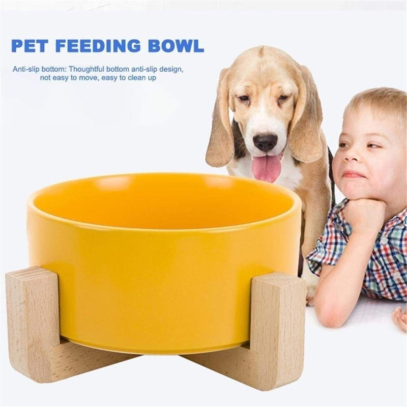 [Australia] - llkajes Ceramic Raised Cat Bowl Food Water Dog Basic Bowl with Anti-Slip Wooden Stand Protect Neck Joints Pet Feeding Bowls Easy to Clean Healthy Eating Yellow 