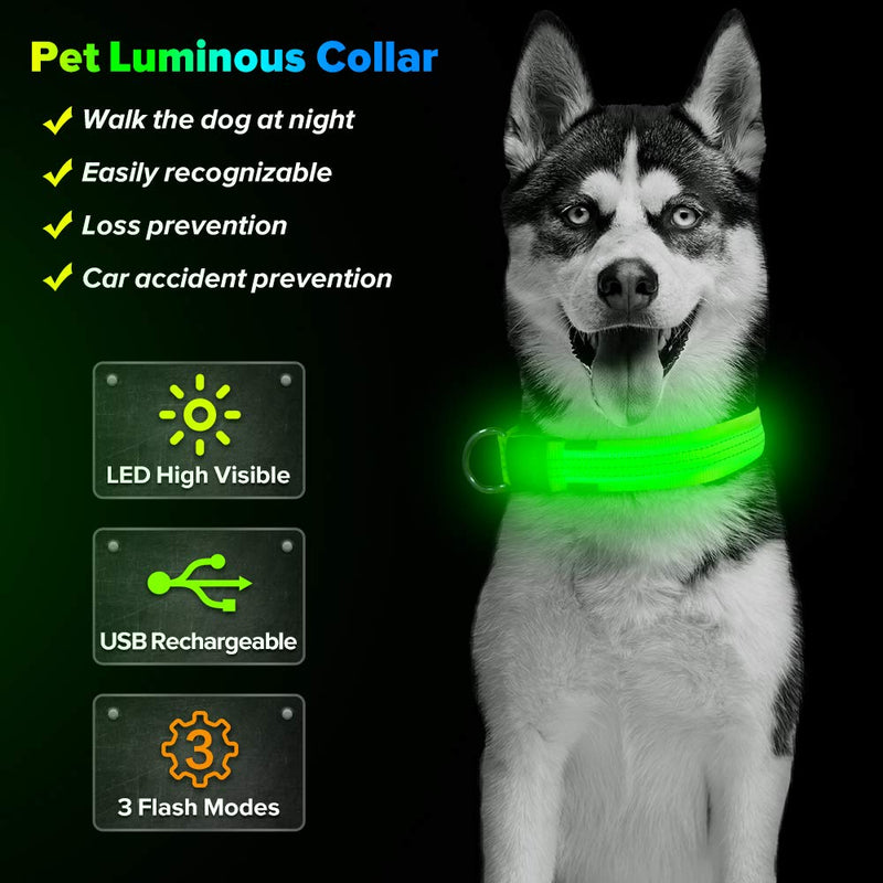 [Australia] - BSEEN LED Dog Collar, LED Dog Leash, USB Rechargeable Glowing Safety Dog Collar Light Up Adjustable Nylon Webbing Reflective Pet Dog Collar Leash for Dog & Cat Large Neon Green 