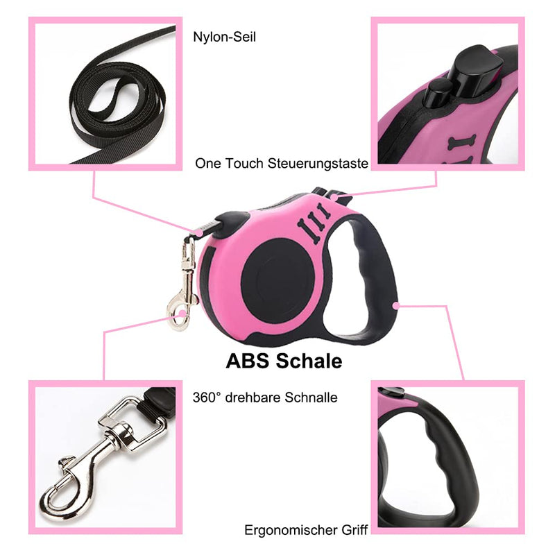 Dog Lead, 5 m Retractable Dog Lead for Small, Medium and Large Dogs, Pink - PawsPlanet Australia