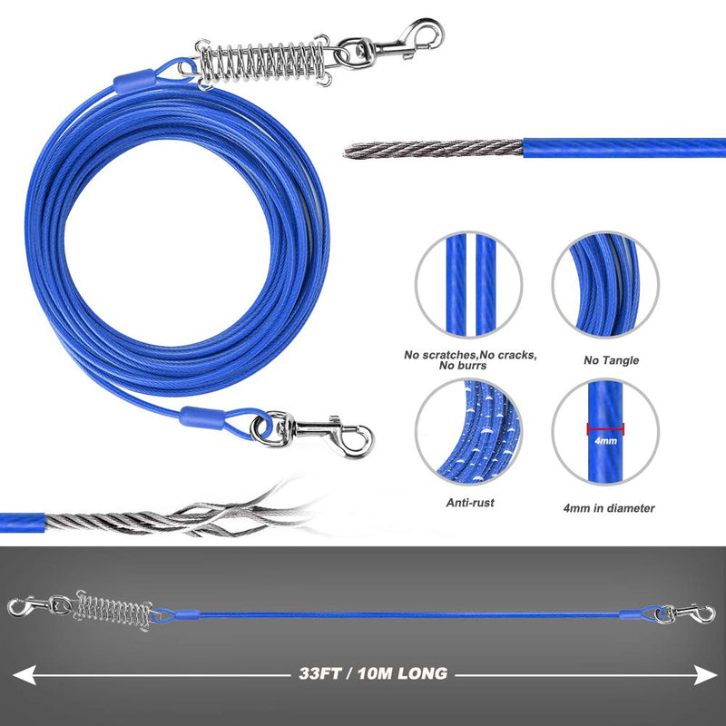 LINGSFIRE Dog Tie Out Cable 10m/33ft, Tie Out Cable for Dogs Stainless Steel Wire Rope with Shock Absorbing Spring & Metal Swivel Hooks, Pet Tie Out Cable for Large Dogs Up to 110 lbs - PawsPlanet Australia
