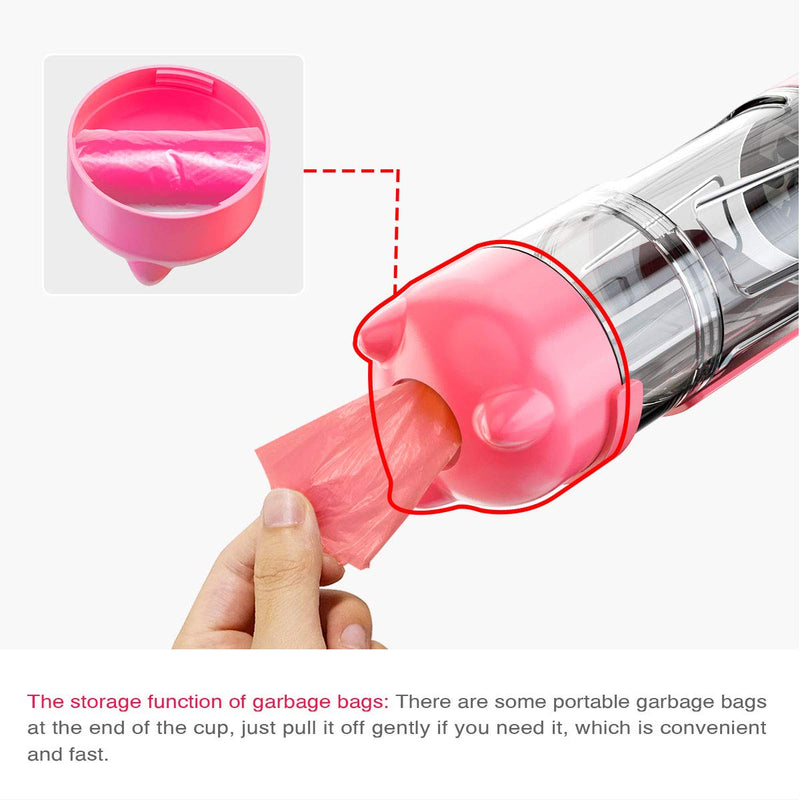 Portable Dog Water Bottle,4-in-1 Dog Water Dispenser with Food Container,Water Bottle, Poop Shovel,Garbage Bag, for Travel Walking Hiking Backpack, Pet Water Bottle for Small Large Dog Cat Puppy 300 ml Pink - PawsPlanet Australia