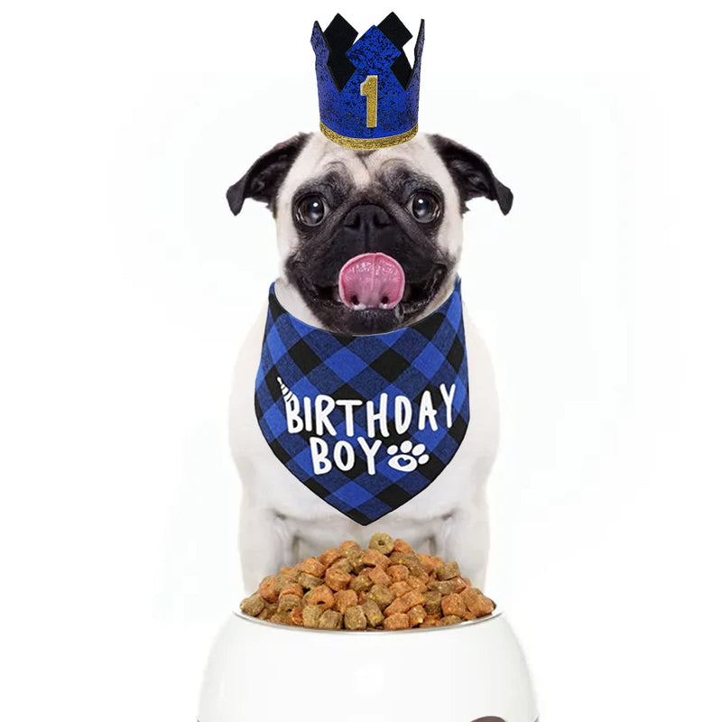 Dog Birthday Party Supplies- Reusable Dog Birthday Hat and Bandana with Numbers, Blue Crown Party Hat BIRTHDAY BOY Scarf Set, Pet Outfits Accessories Party Decoration for for Small Medium Dogs Cats Blue Crown Hat+BIRTHDAY BOY Bandana - PawsPlanet Australia