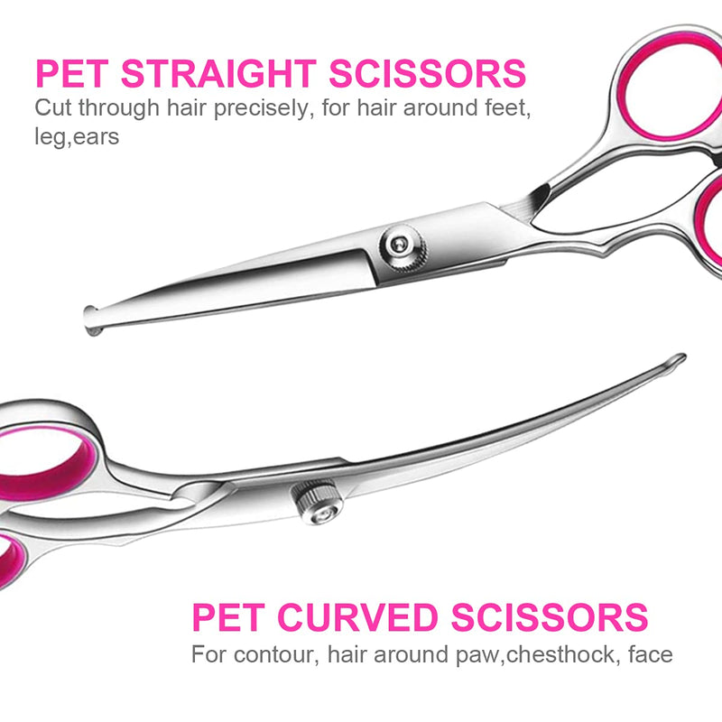 Dog Grooming Scissors Kit with Safety Round Tips, TINMARDA Stainless Steel Professional Dog Grooming Shears Set - Thinning, Straight, Curved Shears and Comb for Long Short Hair for Dog Cat Pet - PawsPlanet Australia