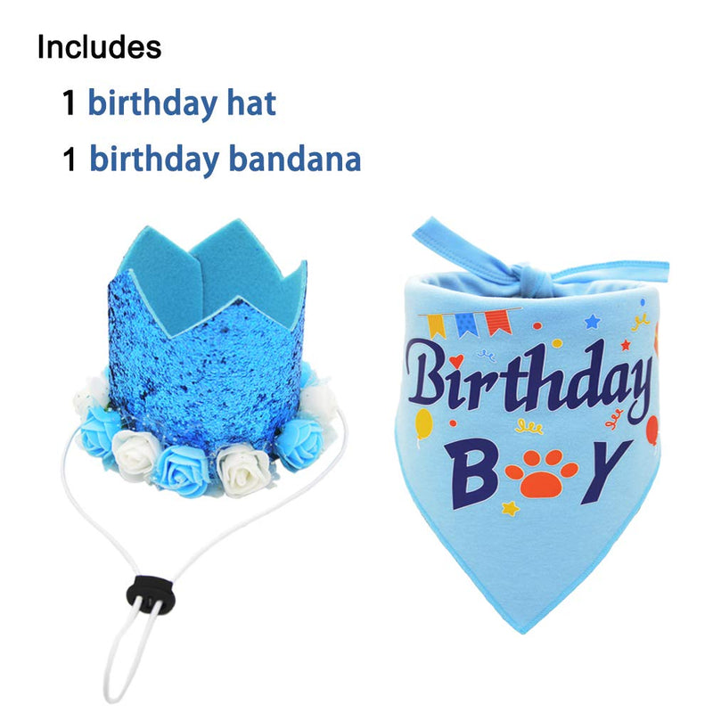 [Australia] - Dog Birthday Bandana Boy Scarf and Crown Dog Birthday Hat, Flower Headwear for Medium to Large Dogs Blue 