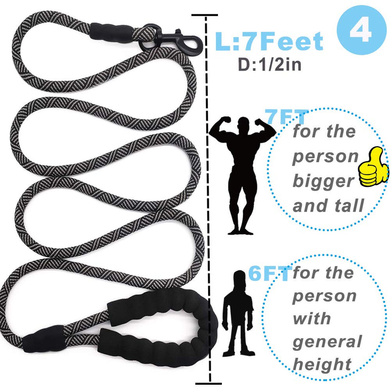 Mycicy 7 FT Heavy Duty Rope Dog Leash for Medium and Large Dogs-Thick Nylon Standard Leash with Padded Handle-Easy Control/Walking/Training 7ft * 1/2" Black - PawsPlanet Australia