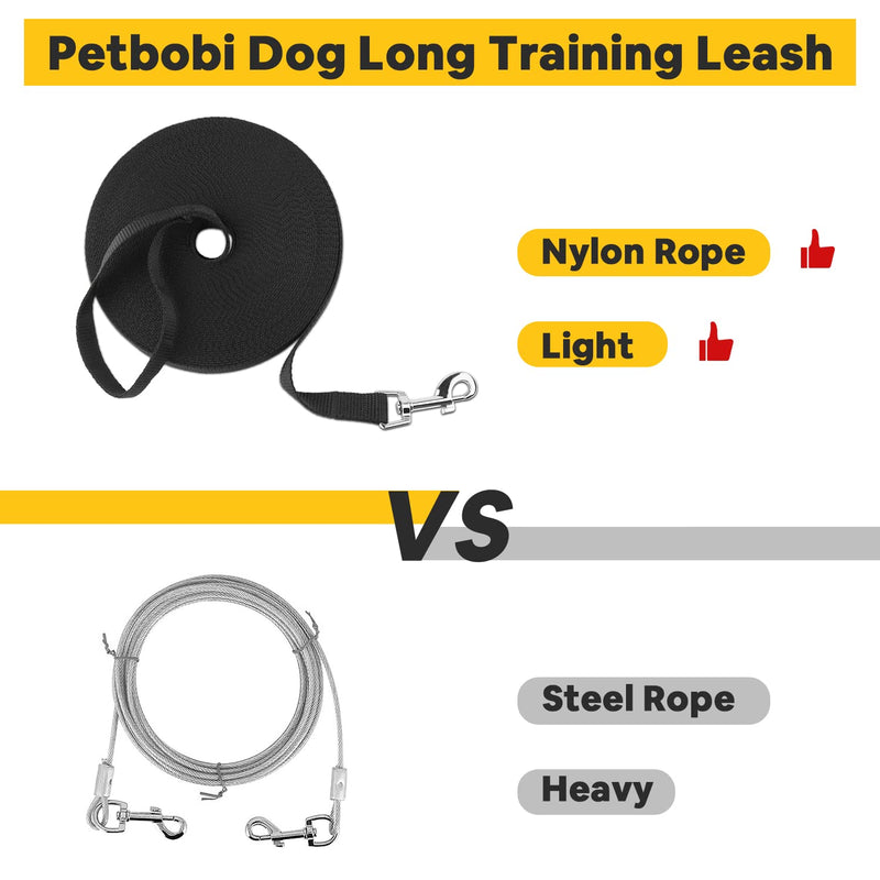 Petbobi 50ft 100ft Dog Training Leash for Obedience Recall Training, Long Leash for Dogs Outside with 360° Tangle Free and Nylon, Long Dog Leash for Playing & Camping, Hiking and Swimming, Black 50FT/Black - PawsPlanet Australia