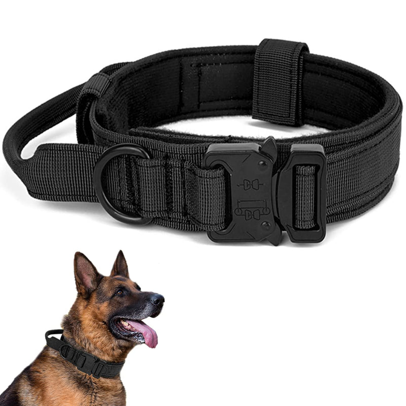 Tactical Dog Collar, Adjustable Collar with Control Handle, Soft Padded Nylon Dog Collar with Robust Metal Buckle for Medium Large Dogs M Black - PawsPlanet Australia