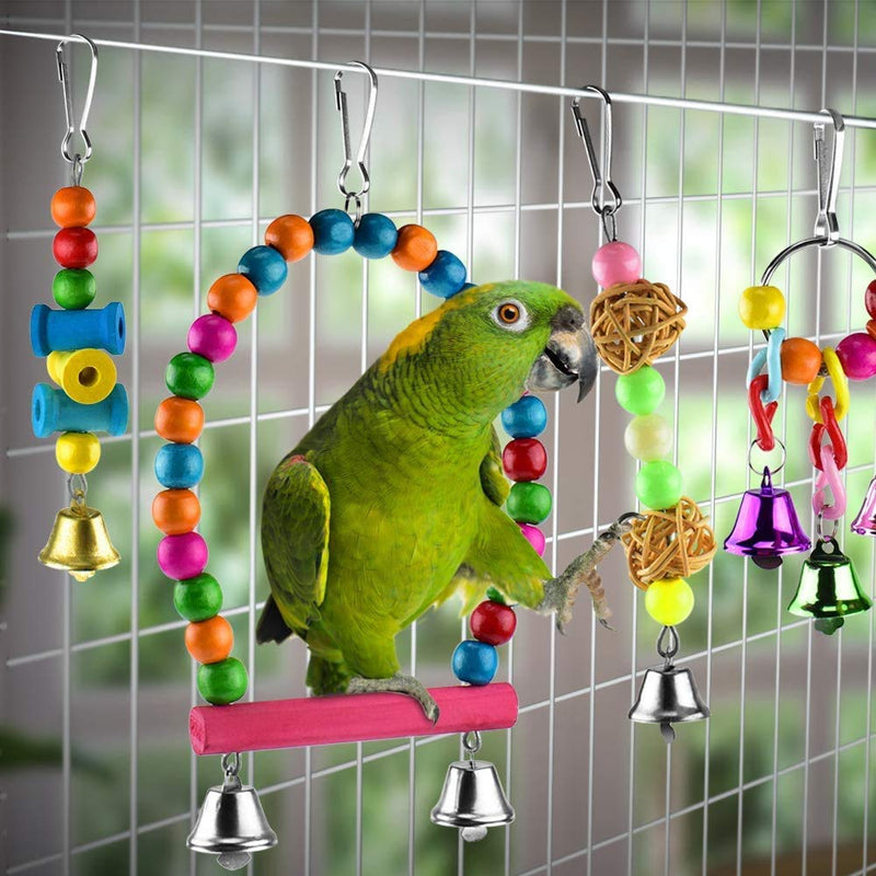 123 Life Bird Parrot Toys Pet Bird Toys Wooden Hanging Stand Ladder Bird Swing Chewing Toys Hanging Bell Pet Bird Cage Hammock Swing Toy Parakeets Cockatiels Conures Macaws Love Birds Finches 6PCS - PawsPlanet Australia