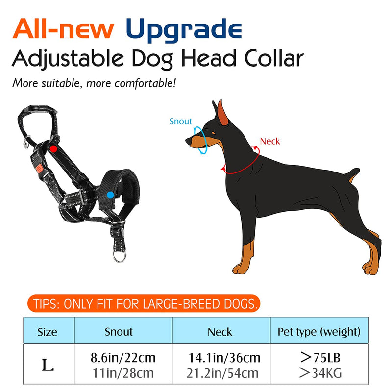 Pawaboo Adjustable Dog Muzzle, Prevents Unexpected Biting Chewing Head Collar, Breathable Safety Reflective Design and Comfortable Sponge Pad Easy Fit Control, L Size For 75LB/34KG Dogs, Black - PawsPlanet Australia