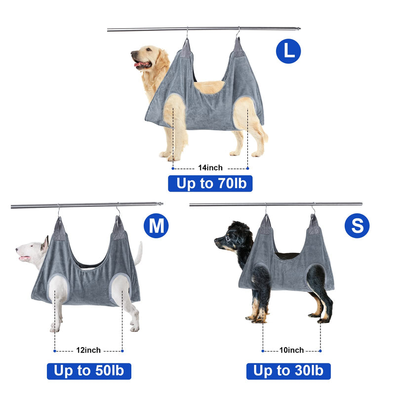 FOXBUS Dog Grooming Hammock Pet Grooming Sling Helper with 4 Hooks, Breathable Grooming Harness Hanging for Help Dog & Cat Trim Nails and Bath Grooming, 2 in 1 Drying Towel and Hammock Restraint Bag S Grey - PawsPlanet Australia