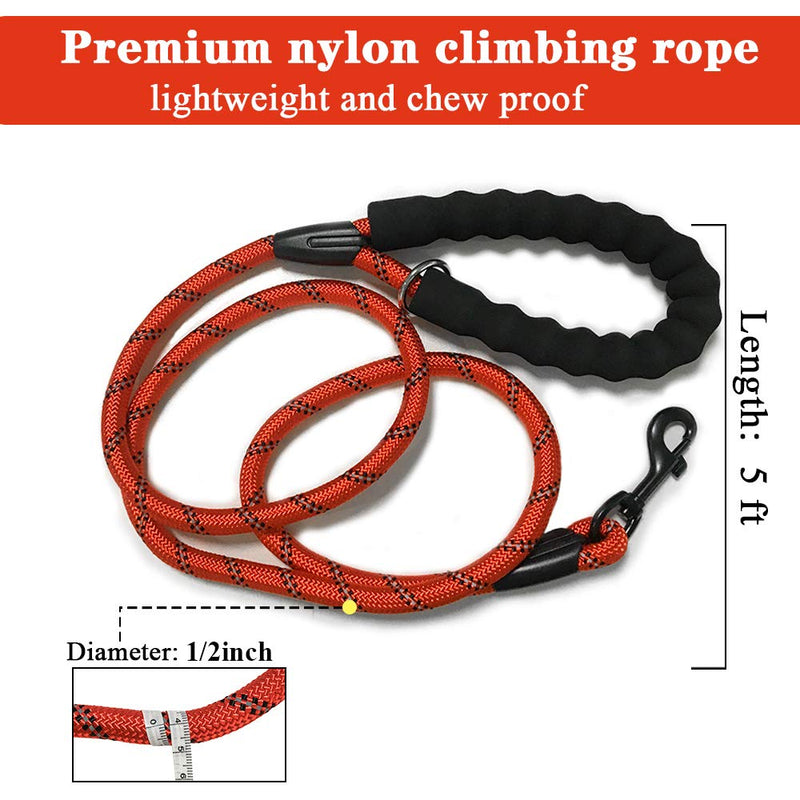 OFHome 5 FT Strong Dog Leash , Heavy Duty Rope Lead for with Comfortable Padded Handle and Highly Reflective Threads for Small Medium Large Dogs （Red） Red - PawsPlanet Australia