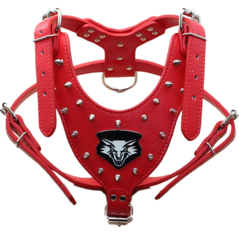 haoyueer Medium & Large Dog Leather Spiked Studded Dog Harness,Collar & Leash 3Pcs Set for Pit Bull,Mastiff, Boxer, Bull Terrier (L, Red) L - PawsPlanet Australia