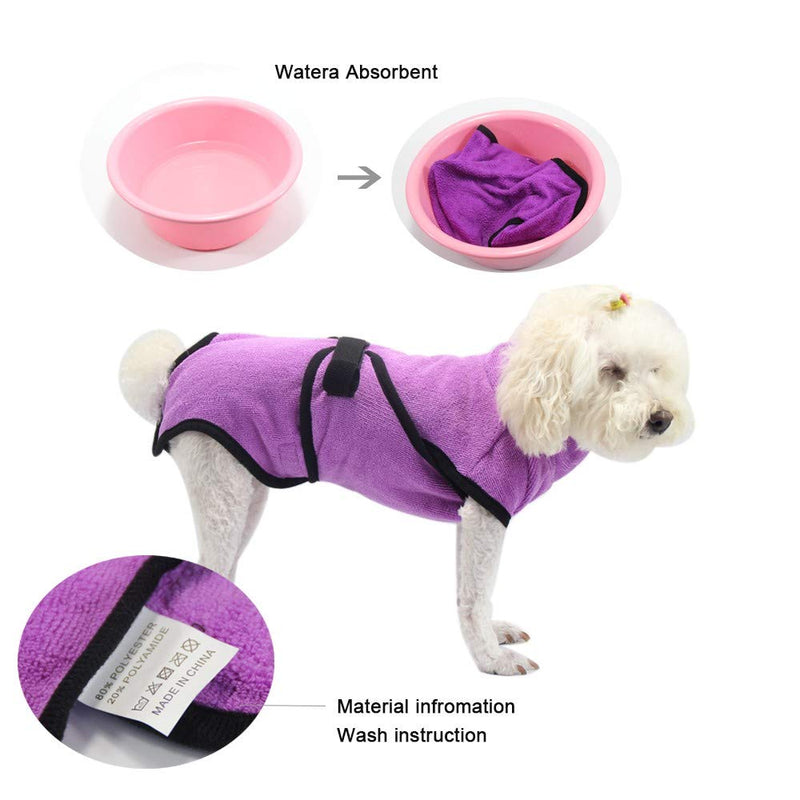 MEROURII Dog Bathrobe Towel with Adjustable Strap Microfibre Fast Drying Super Absorbent Pet Cat Towelling Robe Moisture Absorbing Bath Robe Quick Drying Pet Bath Towel (S,Purple) - PawsPlanet Australia