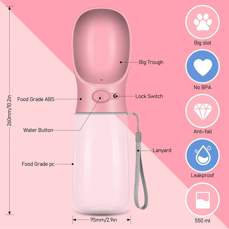 DEYACE Dog Water Bottle Portable Leak Proof Puppy Water Dispenser for Outdoor Walking Hiking Travel, 12OZ-19OZ Food Grade Plastic BPA Free Cherry Pink 19oz - PawsPlanet Australia