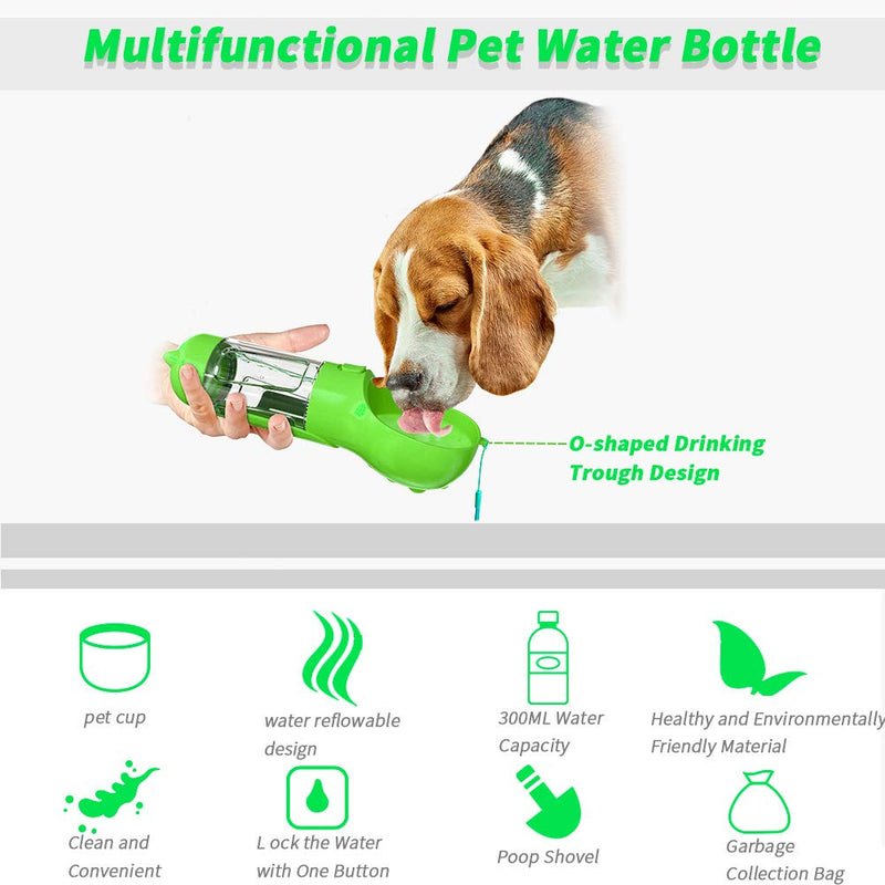 300ml Dog Water Bottle Upgrade Pet Multi-function  Portable Water Feeder Container Dispenser with Poop Shovel and Carbage Collection Bag,for Dog Cat Pet Outdoor Walking Travelling Drinking (Green) Green - PawsPlanet Australia