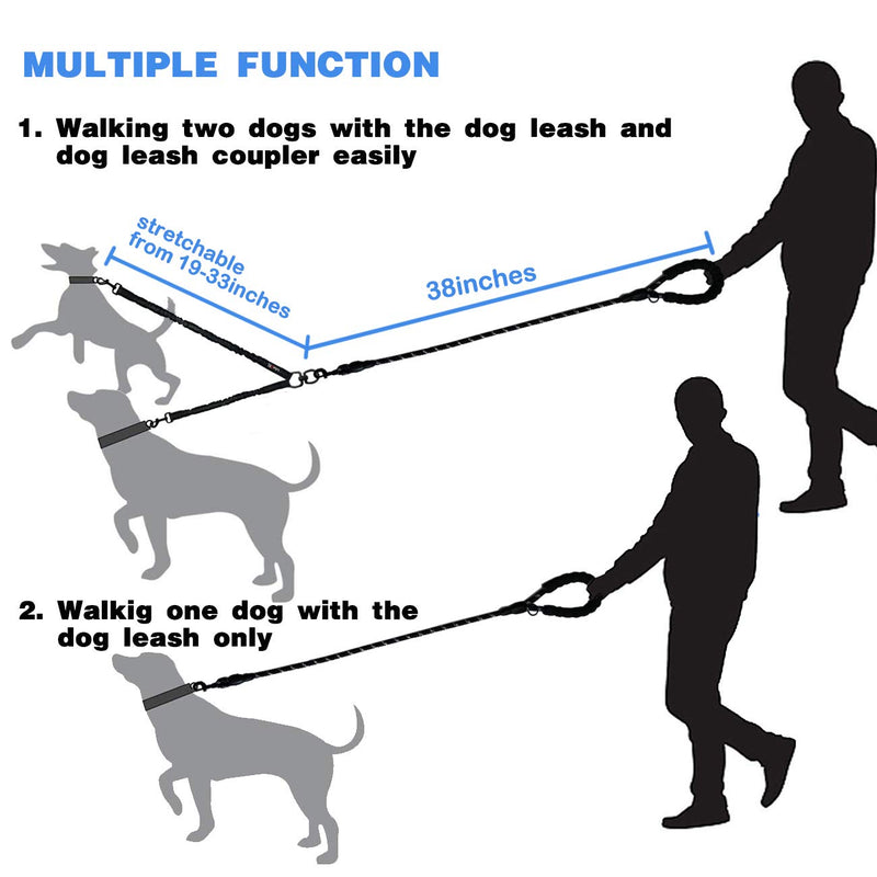 [Australia] - tobeDRI Comfortable Dual Dog Leash Tangle Free with Shock Absorbing Bungee Reflective 2 Dog Leashes for Large Medium Small Dogs Black 25-100 lbs 