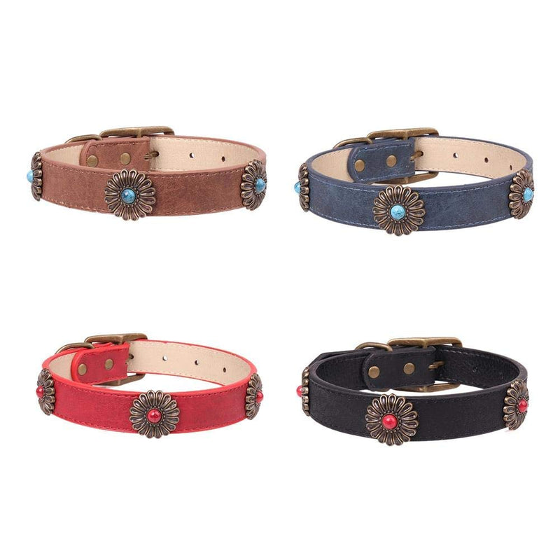 [Australia] - Axgo Adjustable Leather Dog Collar with Bronze Daisy Flower Decoration for Small Medium Dogs, Red 