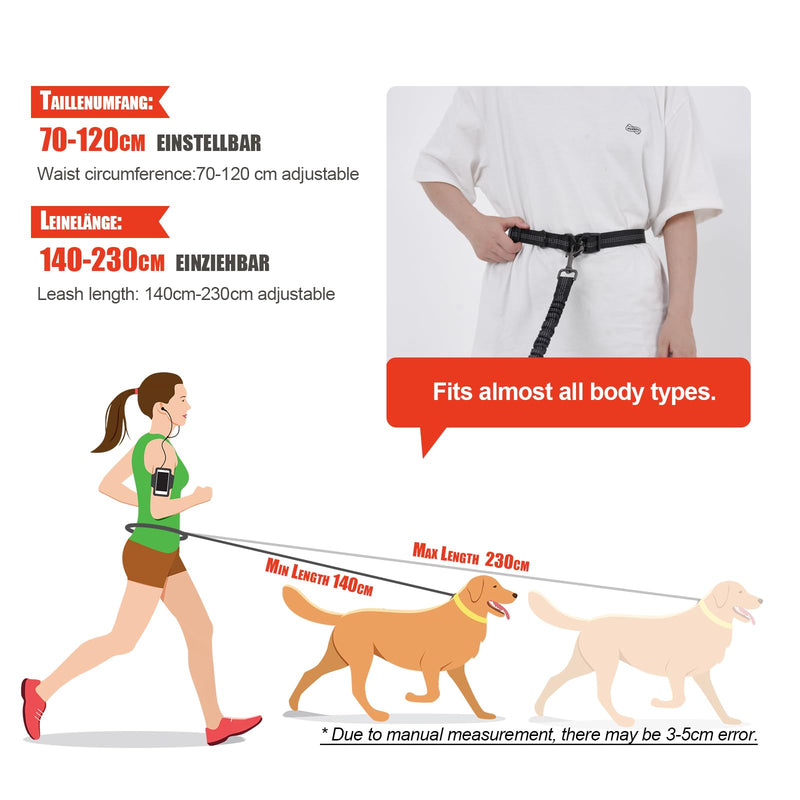 Snocyo jogging leash for dogs, jogging dog leash for medium and large dogs, elastic and reflective dog leash, retractable leash with double handle and waist belt for one dog, black and orange - PawsPlanet Australia