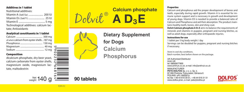 PETS Dolfos Dolvit Calcium Phosphate A D3 E 90 Tablets for Puppy Adult Pregnant Nursing Dogs - PawsPlanet Australia