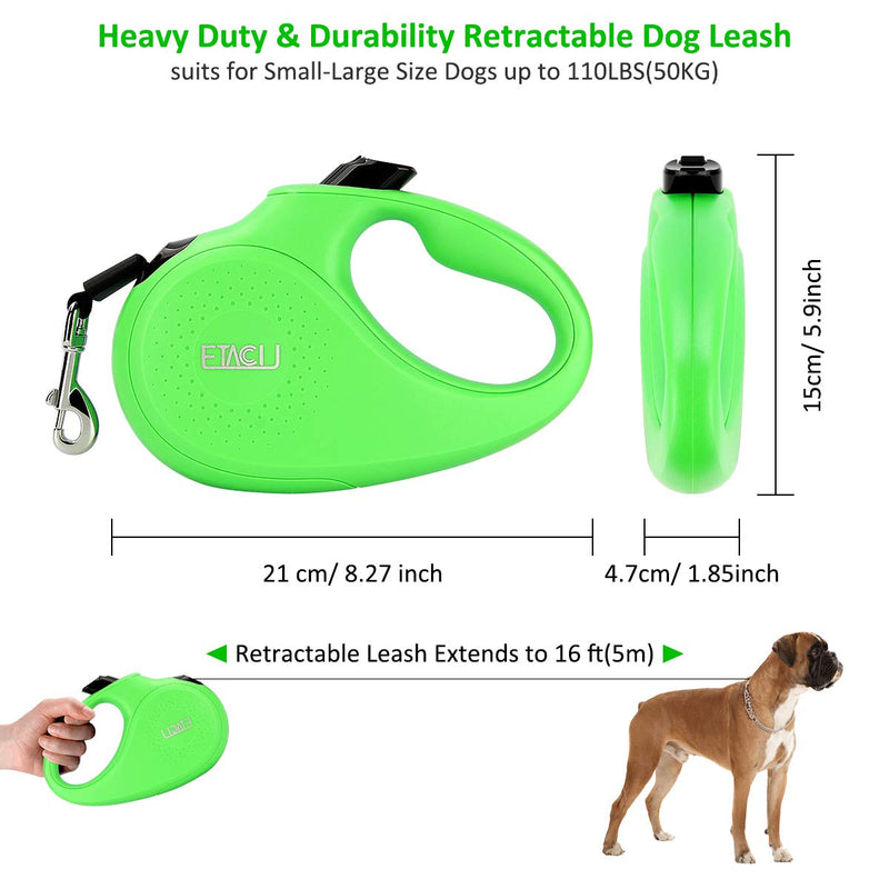 ETACCU Retractable Lead, Robust 5M Flexible Retractable Lead with One Button Locking System, Non-Slip Handle, Tangle Free, Reflective Retractable Dog Lead for Small/Medium/Large Dogs up to 50KG Green - PawsPlanet Australia