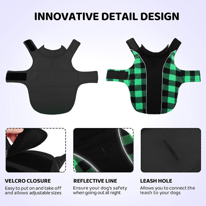 [Australia] - Queenmore Warm Dog Jacket, Reversible Dog Winter Coat, Reflective Windproof Waterproof Dog Clothes for Winter, Plaid Dog Coats for Small Medium Large Dogs Boy Girl Dogs X-Small Green 