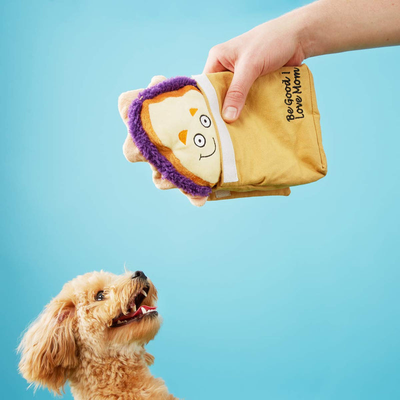 BarkBox 2-in-1 Interactive Plush Puzzle Dog Toys - Squeaky Pet and Puppy Enrichment Toys for Small, Medium, and Large Dogs | Brown Baggin' It PB&J Small Dog - PawsPlanet Australia