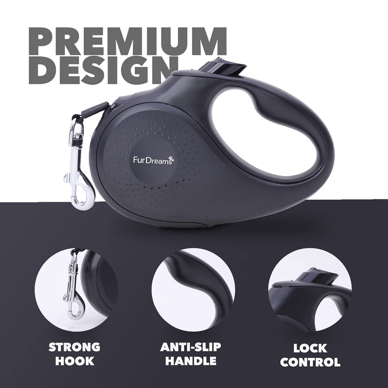 FurDreams Retractable Dog Lead – Heavy-Duty Extendable (5 Metre) Leash | Anti-Slip Handle with Lock Control | Strong Tangle-Free Nylon Tape & Collar Hook | Perfect for Puppy Training (Black, Small) Black - PawsPlanet Australia