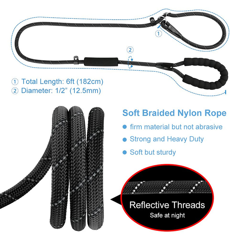PLUTUS PET Dog Slip Lead, Anti-Choking with Traffic Padded 2 Handles, Reflective Strong Sturdy Heavy Duty Rope Lead, 6FT/182cm Dog Training Lead for Medium Large Dogs （182cm Black) 6 ft - PawsPlanet Australia