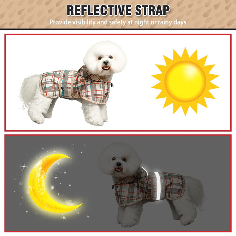 BINGPET Plaid Dog Raincoat - Hooded Waterproof Pet Poncho with Reflective Strap, Lightweight Dog Rain Coat Jacket with Leash Hole, Fit for Small Medium Dogs Beige - PawsPlanet Australia