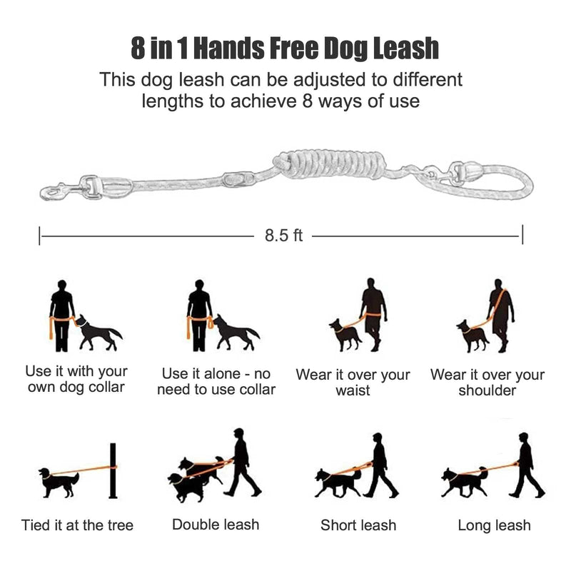Hands Free Dog Leash(8.5ft) - 8 in 1 Multifunction Nylon Double Leash for Dogs,1.2cm Dog Training Leash with Reflective Stitching, Adjustable Waist Dog Leash Fits All Waist, for Medium Large Dogs - PawsPlanet Australia