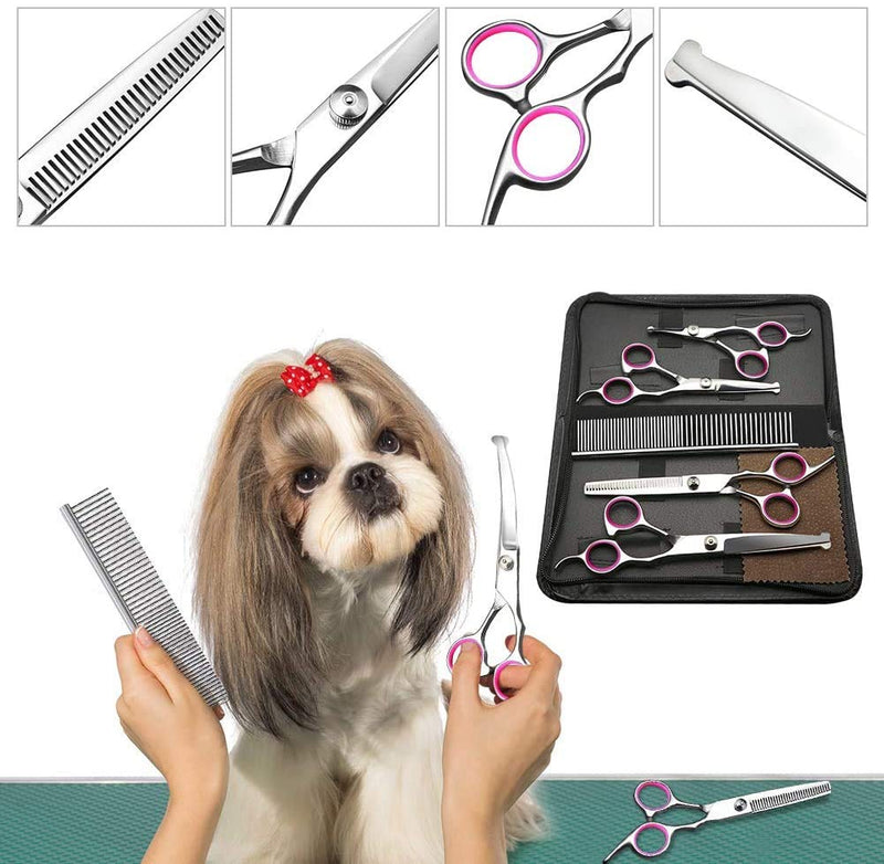 Dog Grooming Scissors 6PCS, Stainless Steel with Safety Round Tip Thinning Straight Curved Shears and Combing Kit for Cat Pet - PawsPlanet Australia