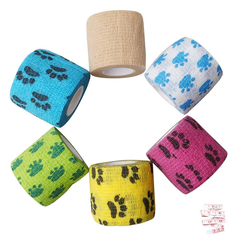 kuou 6 Rolls Pet Vet Wrap, 5cm x 4.5m Self-Adhesive Pet Elastic Bandage Injury Wrap Tape for Wrist, Ankle Sprains & Swelling (Random Design and Colours Delivered) - PawsPlanet Australia