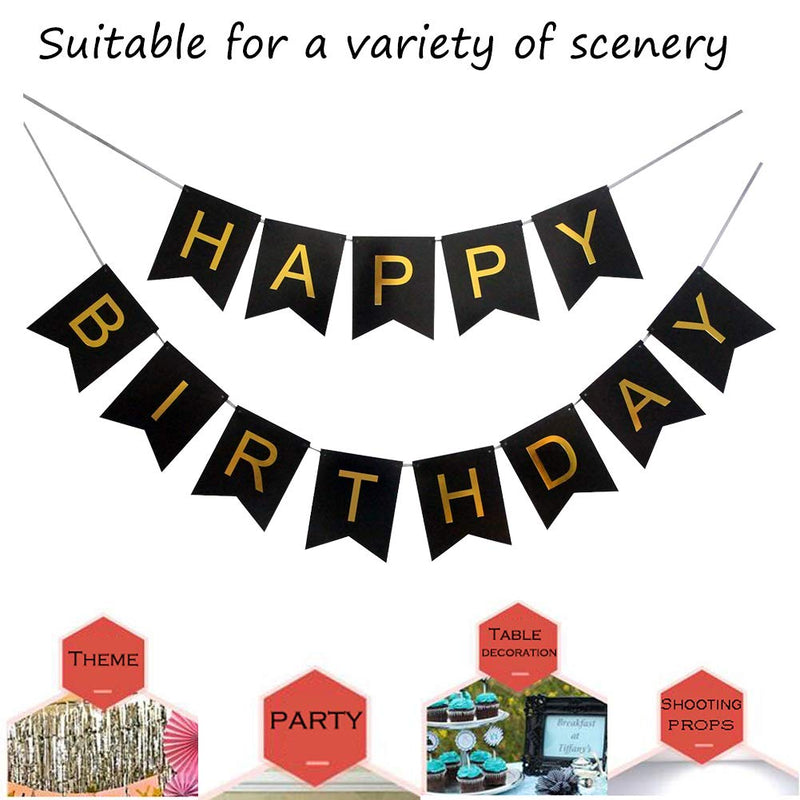 Lovely Black Happy Birthday Banner,Birthday Party Decorations and Supplies,with Shiny Gold Letters, Beautiful, Swallowtail Bunting Flag Garland - PawsPlanet Australia