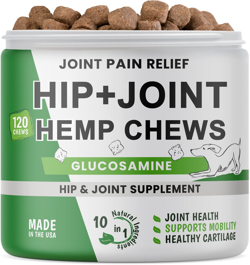 Hemp Dog Treats for Joints Health - Natural Joint Pain Relief - Glucosamine + Canine Hemp Hip and Joint Supplement w/MSM + Chondroitin + Hemp Oil + Omega 3 + Turmeric + Calcium - 120 Bacon Chews - PawsPlanet Australia