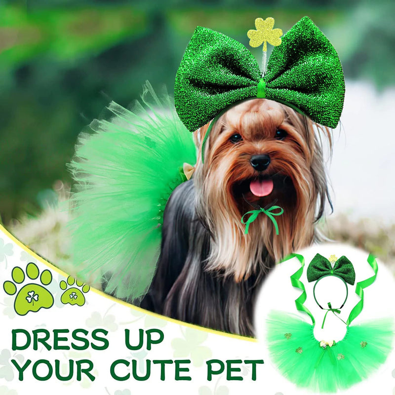 St Patrick's Day Costume 2 Pieces Dog Tulle Tutu Skirt Bowknot Hair Hoop with Shiny Shamrock, Green Irish Lace Dress Cute Headband Holiday Clothes for Medium Large Girl Dogs Cat Parties Decoration Bowtie - PawsPlanet Australia