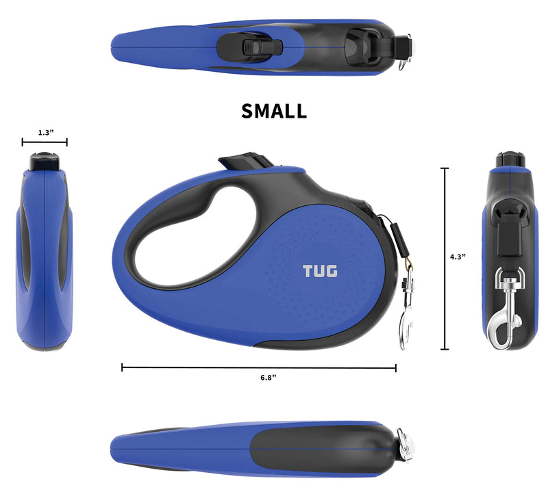 [Australia] - TUG 360° Tangle-Free, Heavy Duty Retractable Dog Leash with Anti-Slip Handle; 16 ft Strong Nylon Tape/Ribbon; One-Handed Brake, Pause, Lock Small Blue 