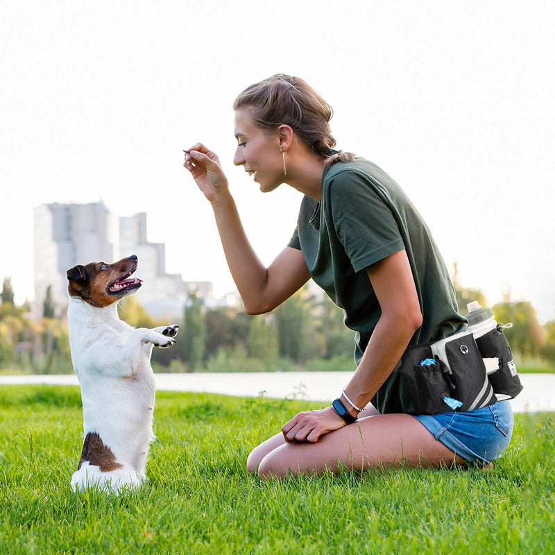 Manificent Dog Treat Pouch for Dog Training, 2in1 Dog Treat Bag with Dog Leash Built-in Water Bottle Holder Poop Bag Dispenser, Carry Kibble Snacks Food Toys for Training Reward Walking Hiking Black - PawsPlanet Australia