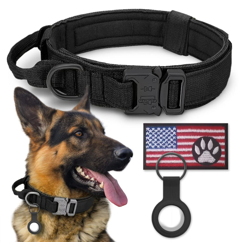 Tactical Dog Collar, Military Training Style, Heavy Duty Nylon Dog Collar with Control Handle and Heavy Metal Buckle for Medium and Large Dogs, with Patches and AirTag Case (Medium, Black) - PawsPlanet Australia