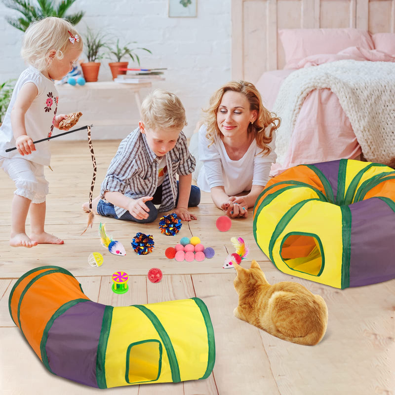 Retro Shaw Cat Toys Set, Interactive Cat Kitten Toys for Indoor Cats Kitty with Collapsible L Shape Cat Play Tunnel Tube Tent Cat Feather Wand Teaser Cat Bell Fuzzy Ball Springs Mouse Toys - PawsPlanet Australia