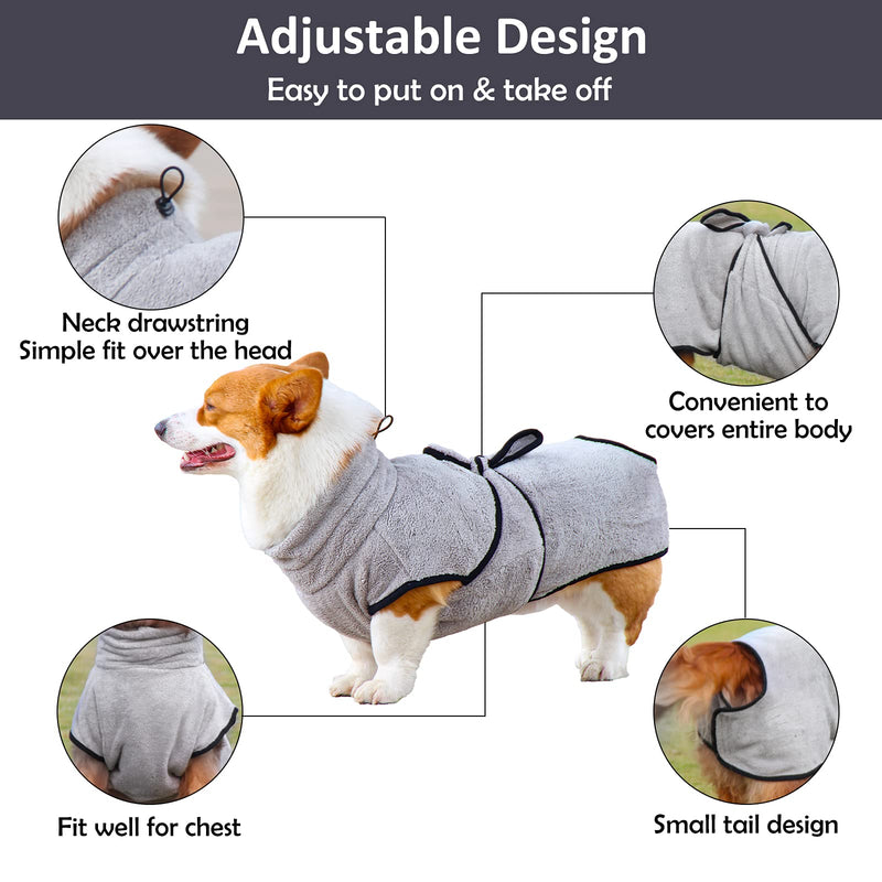 PETTOM Dog Drying Coats Grey Microfibre Absorb Moisture Dog Bathrobe, Dry Pet Quickly Adjustable Puppy Towelling Robe - 30cm Back Length for Small Dogs XS - PawsPlanet Australia