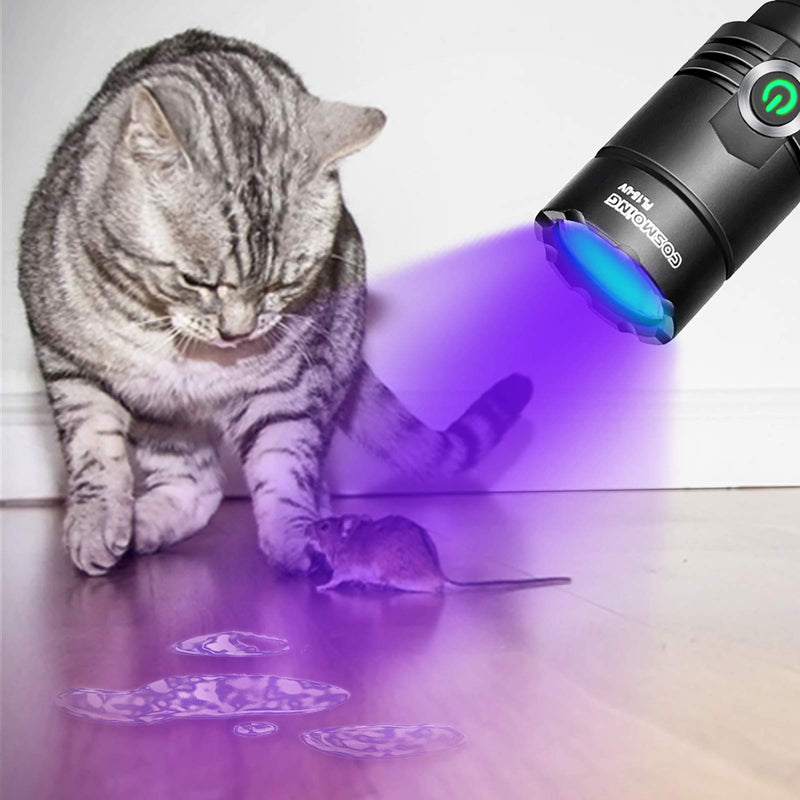 395nm UV Flashlight, COSMOING Upgrade Rechargeable Black Light, LED Ultraviolet Flashlight with Battery IP65 Waterproof Pet Urine Detector for Dog Cat Stains, Scorpion, Bed Bug, Household - PawsPlanet Australia