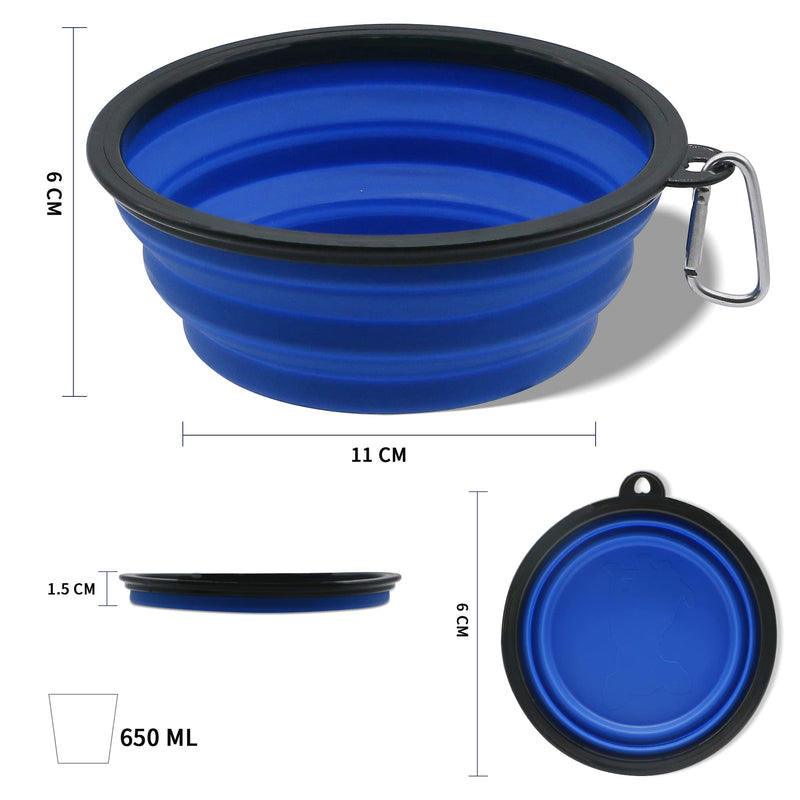 Sunlotus 2 Pack 650ml Collapsible Dog Bowl Portable Feeder for Dog Pet Food Water Bowl for Dog and Cat Extendable Pet Feeding Silicone Bowl with Hook (Blue+Black) 650 Millilitres Blue+Black - PawsPlanet Australia