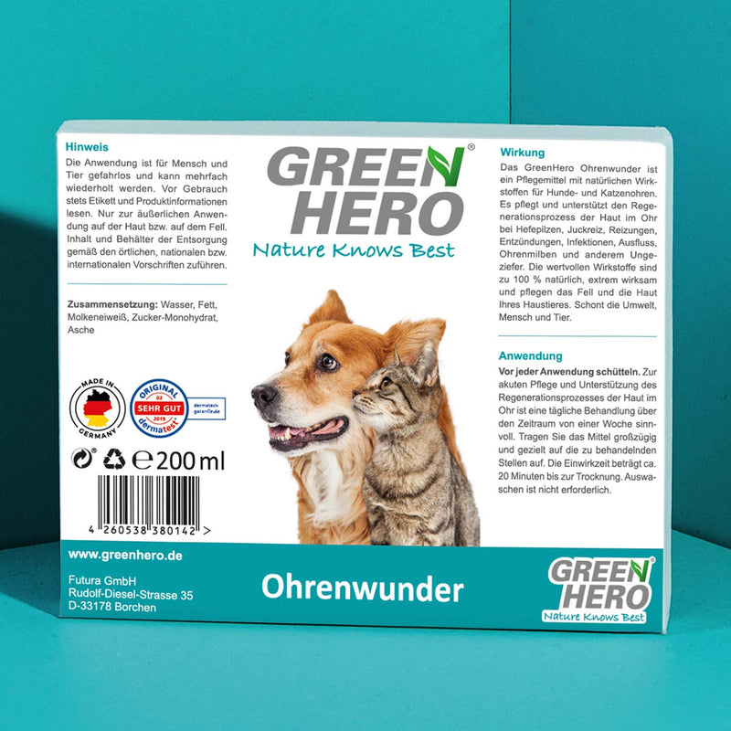 Green Hero Ear Miracle cares for the ear and supports the regeneration process for ear mites itching inflammation infections lice for dogs and cats 200ml - PawsPlanet Australia