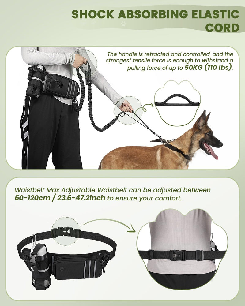 Jogging leash for dogs, Heelay belt bag for running, jogging, hiking, jogging leash and normal dog leash for large, medium-sized dogs with double handle, waist strap, dog leash with reflective stitching, black - PawsPlanet Australia
